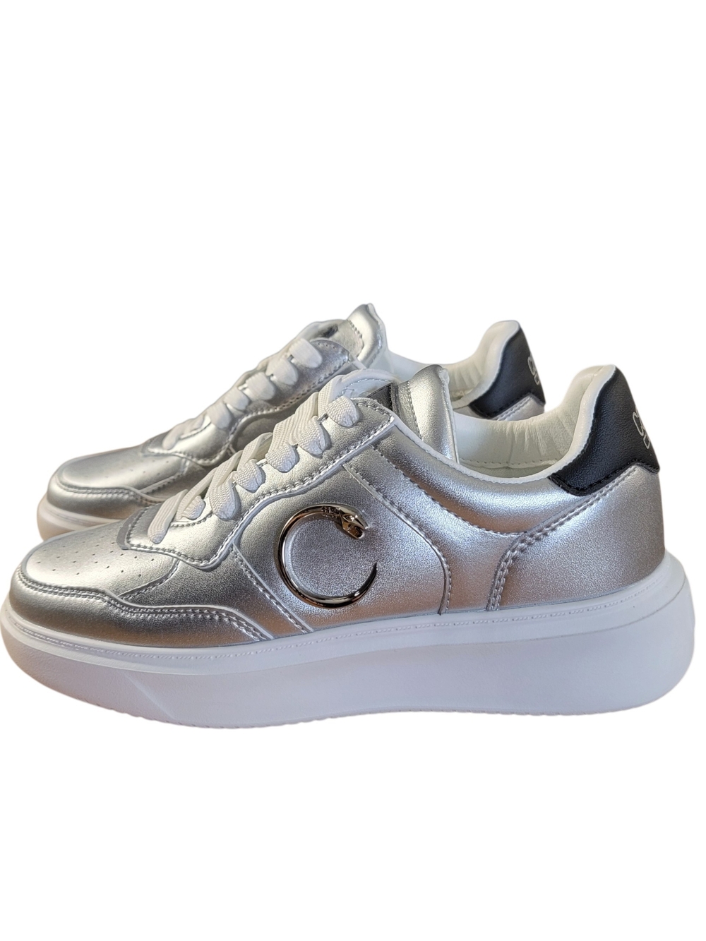Cavalli Class Women's Silver Metallic Platform Sneakers with Snake Logo
